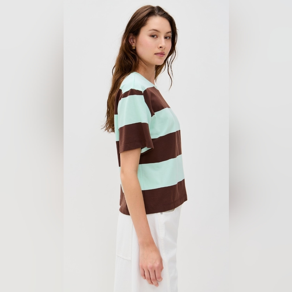 Le Bop Rory Striped Tee Mint and Brown Women's Top XXL - Picture 5 of 9